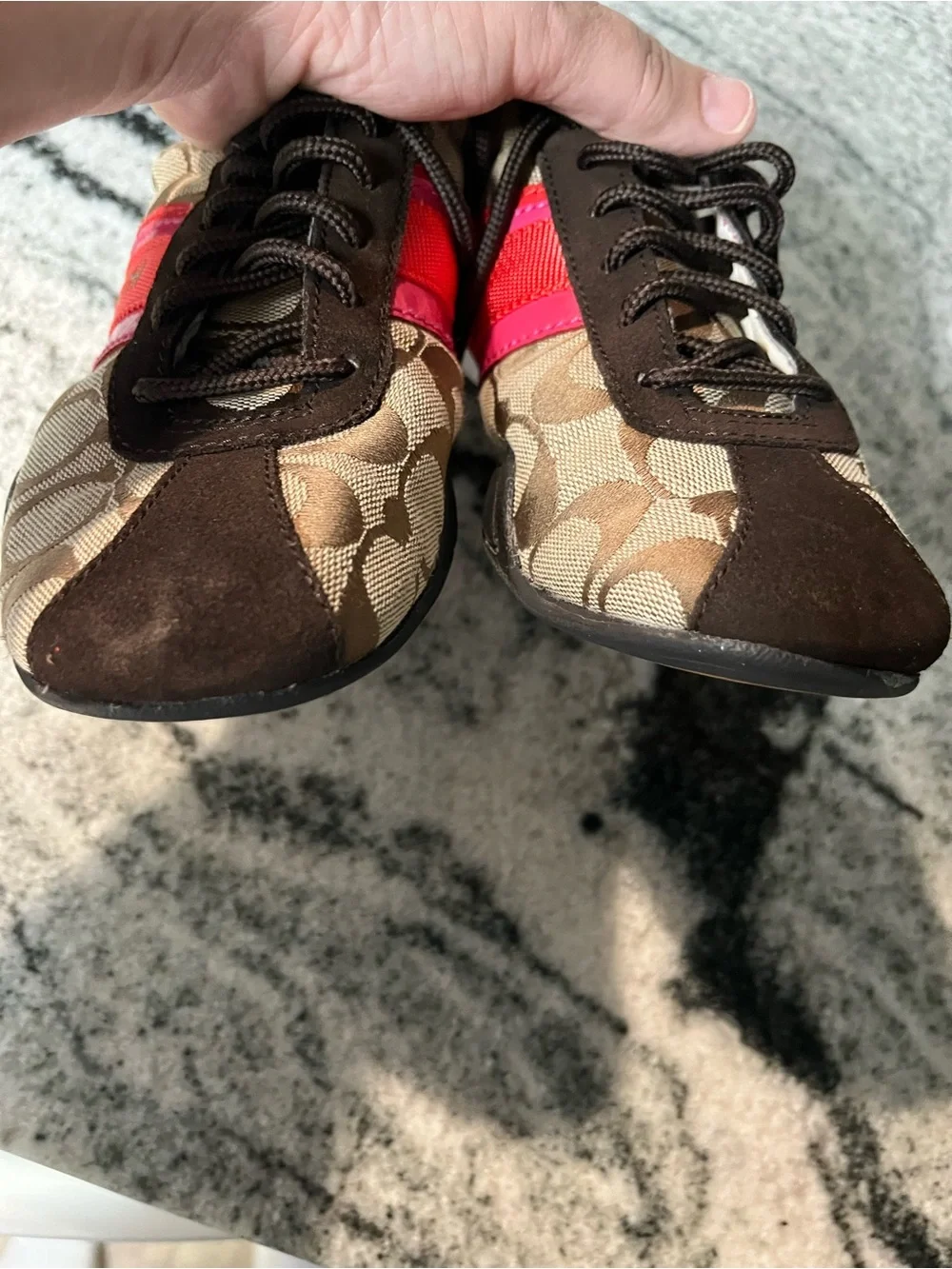 Coach Brown Signature Sneakers with Pink & Red Accents 7 M
